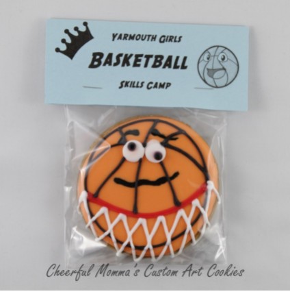 Packaged Cartoon Basketball Cookie by Cheerful Momma's Custom Art Cookies. Front